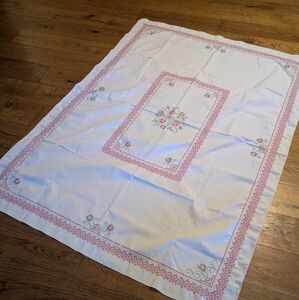 Vintage Hand Embroidered Tablecloth Cross Stitch Pink And Green Floral Cottage